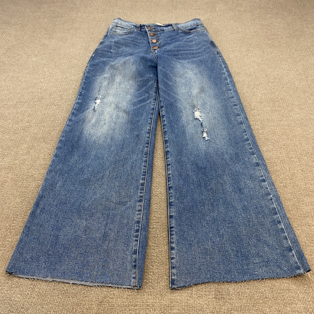 Vibrant MIU Wide Leg Jeans Womens 9/28 Blue Asymmetrical Buttons Distressed Boho